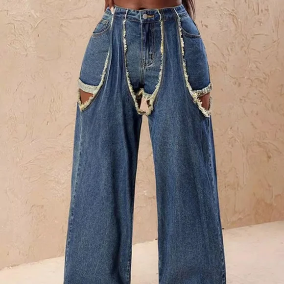 Sexy Hole Fringe Patchwork Jeans Casual Hollow OutLoose Empire Waist Wide Leg D